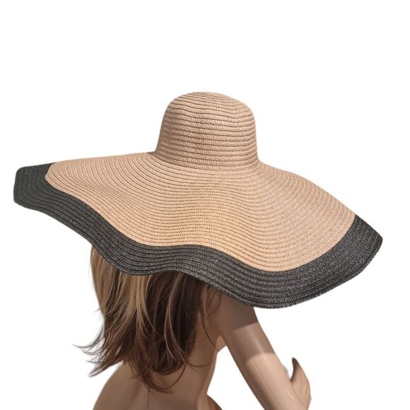 NEW xl big floppy tan and black straw flexible sun beach hat
